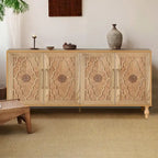 Large Storage Cabinet – Black / Natural Wood, Carved Flower Doors, Metal Handles, Rustic Modern Style
