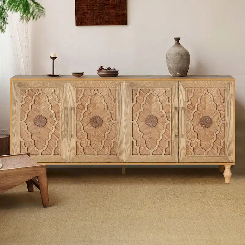 Large Storage Cabinet – Black / Natural Wood, Carved Flower Doors, Metal Handles, Rustic Modern Style