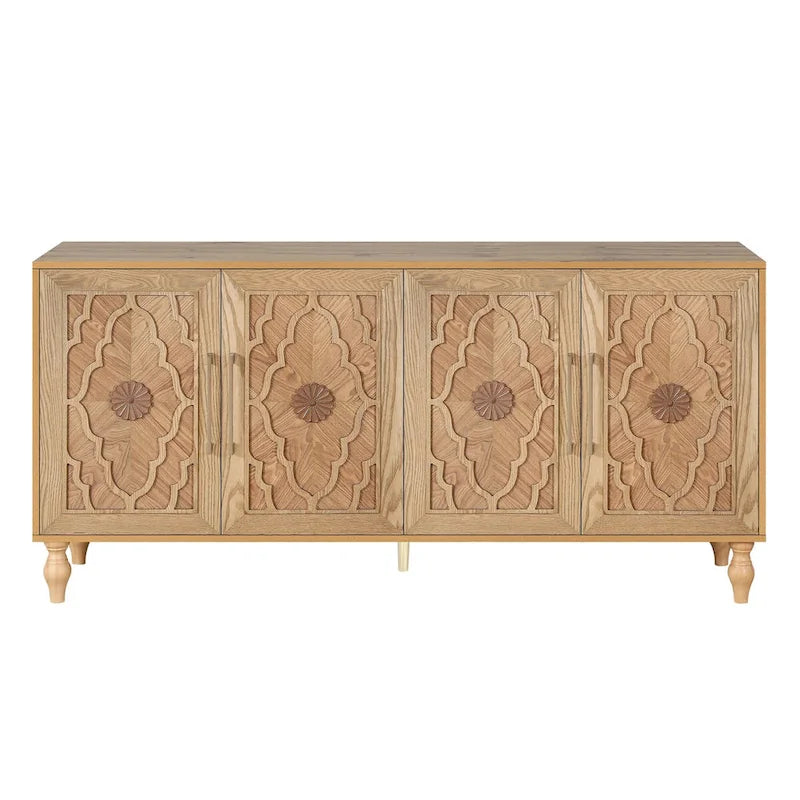 Large Storage Cabinet – Black / Natural Wood, Carved Flower Doors, Metal Handles, Rustic Modern Style