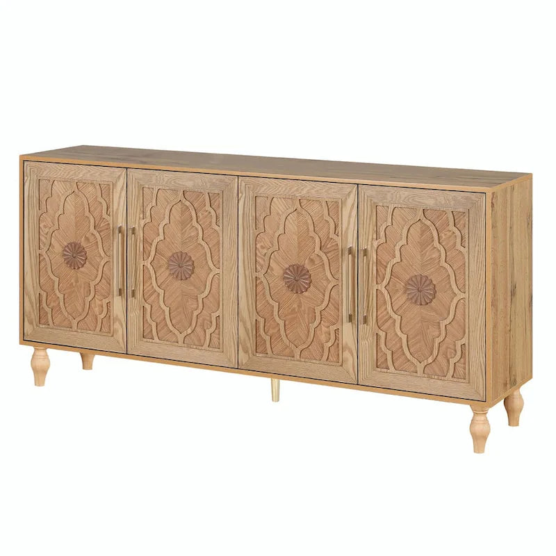 Large Storage Cabinet – Black / Natural Wood, Carved Flower Doors, Metal Handles, Rustic Modern Style