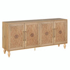 Large Storage Cabinet – Black / Natural Wood, Carved Flower Doors, Metal Handles, Rustic Modern Style