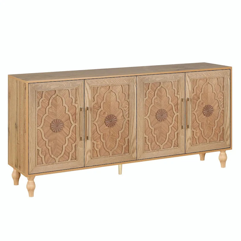 Large Storage Cabinet – Black / Natural Wood, Carved Flower Doors, Metal Handles, Rustic Modern Style