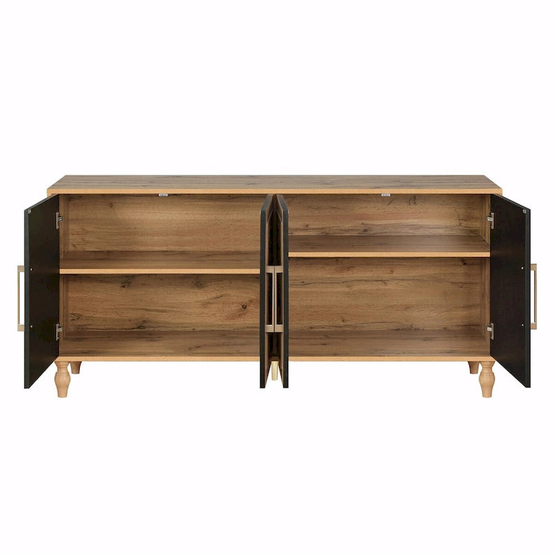 Large Storage Cabinet – Black / Natural Wood, Carved Flower Doors, Metal Handles, Rustic Modern Style