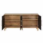 Large Storage Cabinet – Black / Natural Wood, Carved Flower Doors, Metal Handles, Rustic Modern Style