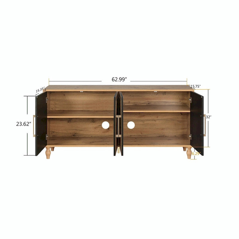 Large Storage Cabinet – Black / Natural Wood, Carved Flower Doors, Metal Handles, Rustic Modern Style