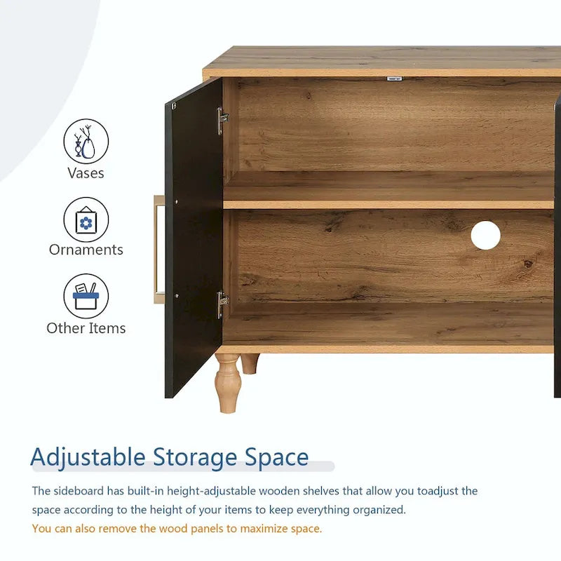 Large Storage Cabinet – Black / Natural Wood, Carved Flower Doors, Metal Handles, Rustic Modern Style