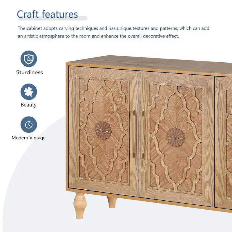 Large Storage Cabinet – Black / Natural Wood, Carved Flower Doors, Metal Handles, Rustic Modern Style