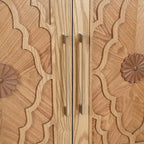Large Storage Cabinet – Black / Natural Wood, Carved Flower Doors, Metal Handles, Rustic Modern Style