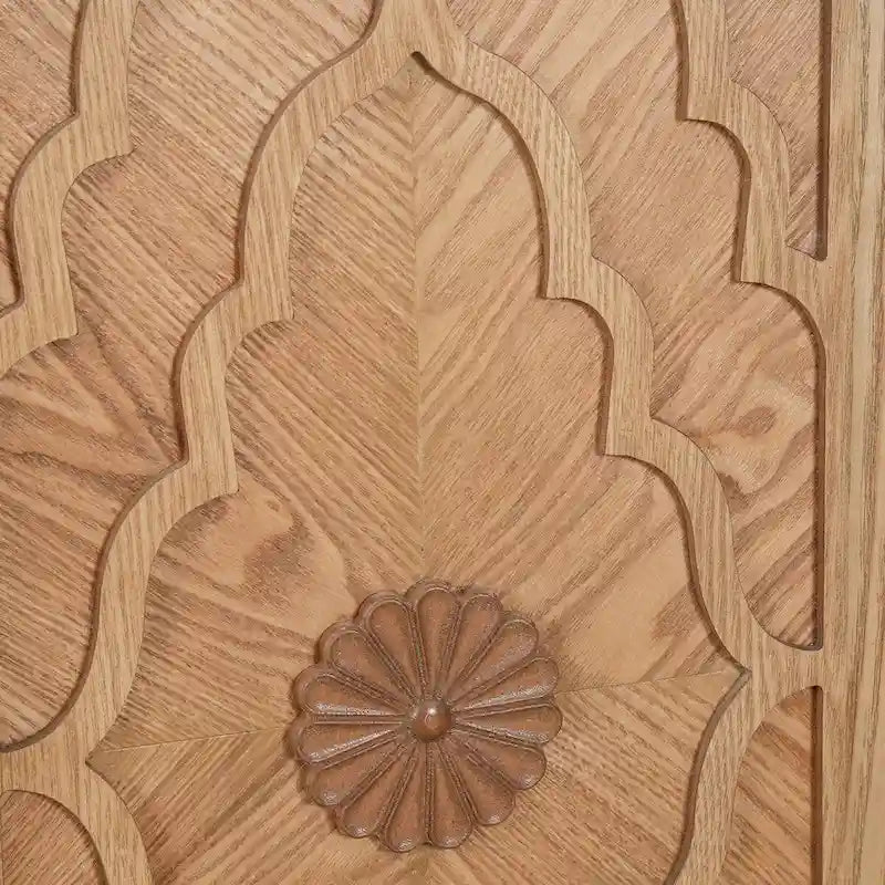 Large Storage Cabinet – Black / Natural Wood, Carved Flower Doors, Metal Handles, Rustic Modern Style