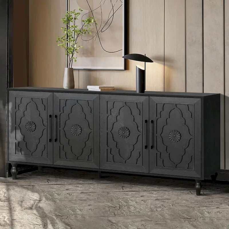 Large Storage Cabinet – Black / Natural Wood, Carved Flower Doors, Metal Handles, Rustic Modern Style