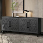 Large Storage Cabinet – Black / Natural Wood, Carved Flower Doors, Metal Handles, Rustic Modern Style
