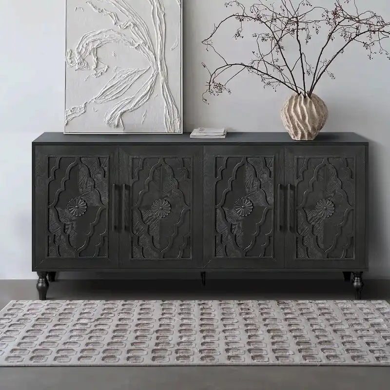 Large Storage Cabinet – Black / Natural Wood, Carved Flower Doors, Metal Handles, Rustic Modern Style