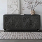 Large Storage Cabinet – Black / Natural Wood, Carved Flower Doors, Metal Handles, Rustic Modern Style