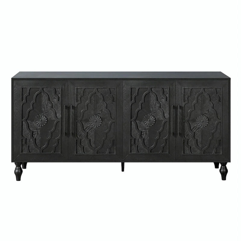 Large Storage Cabinet – Black / Natural Wood, Carved Flower Doors, Metal Handles, Rustic Modern Style