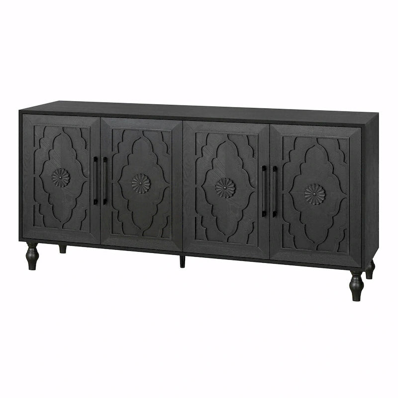 Large Storage Cabinet – Black / Natural Wood, Carved Flower Doors, Metal Handles, Rustic Modern Style
