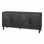 Large Storage Cabinet – Black / Natural Wood, Carved Flower Doors, Metal Handles, Rustic Modern Style