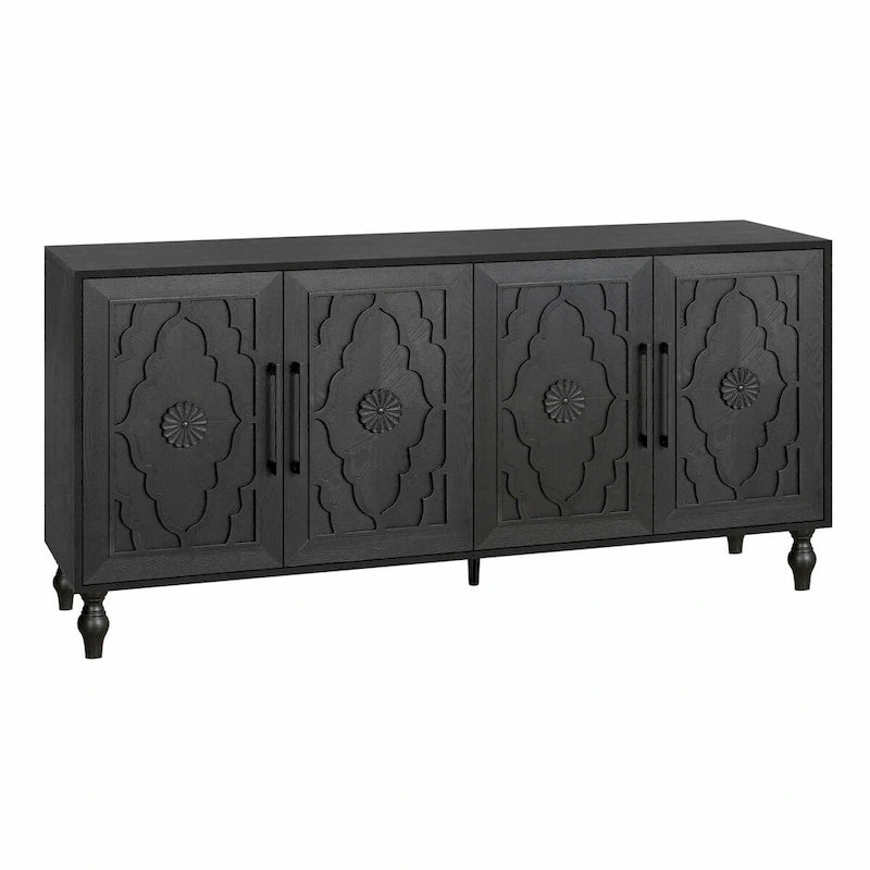 Large Storage Cabinet – Black / Natural Wood, Carved Flower Doors, Metal Handles, Rustic Modern Style