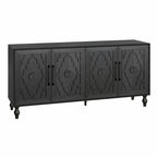 Large Storage Cabinet – Black / Natural Wood, Carved Flower Doors, Metal Handles, Rustic Modern Style