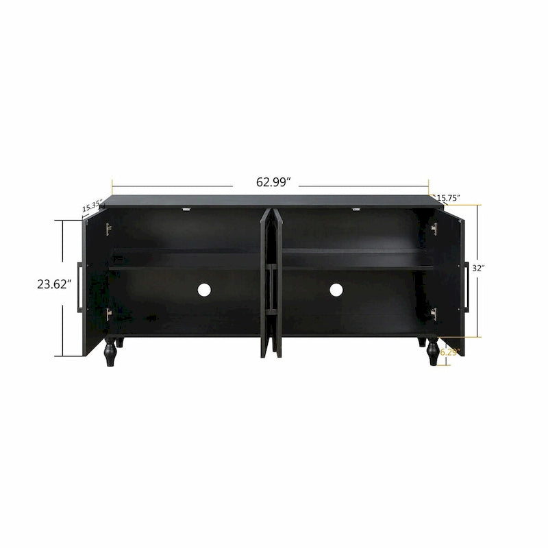 Large Storage Cabinet – Black / Natural Wood, Carved Flower Doors, Metal Handles, Rustic Modern Style