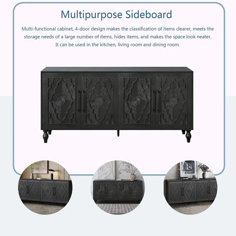 Large Storage Cabinet – Black / Natural Wood, Carved Flower Doors, Metal Handles, Rustic Modern Style