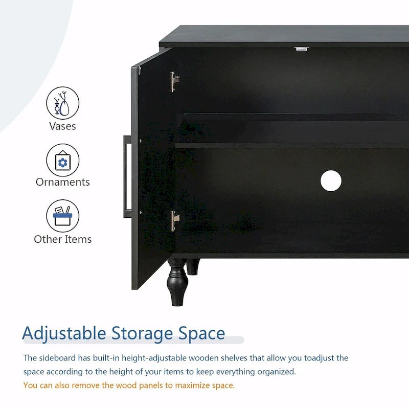Large Storage Cabinet – Black / Natural Wood, Carved Flower Doors, Metal Handles, Rustic Modern Style