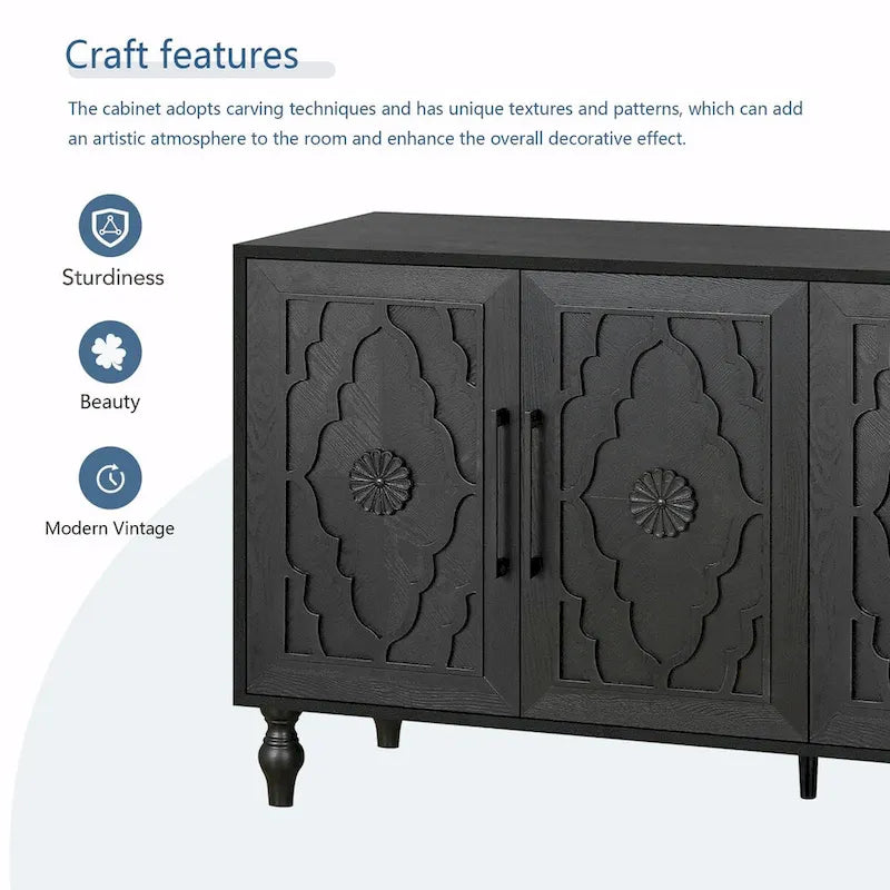 Large Storage Cabinet – Black / Natural Wood, Carved Flower Doors, Metal Handles, Rustic Modern Style