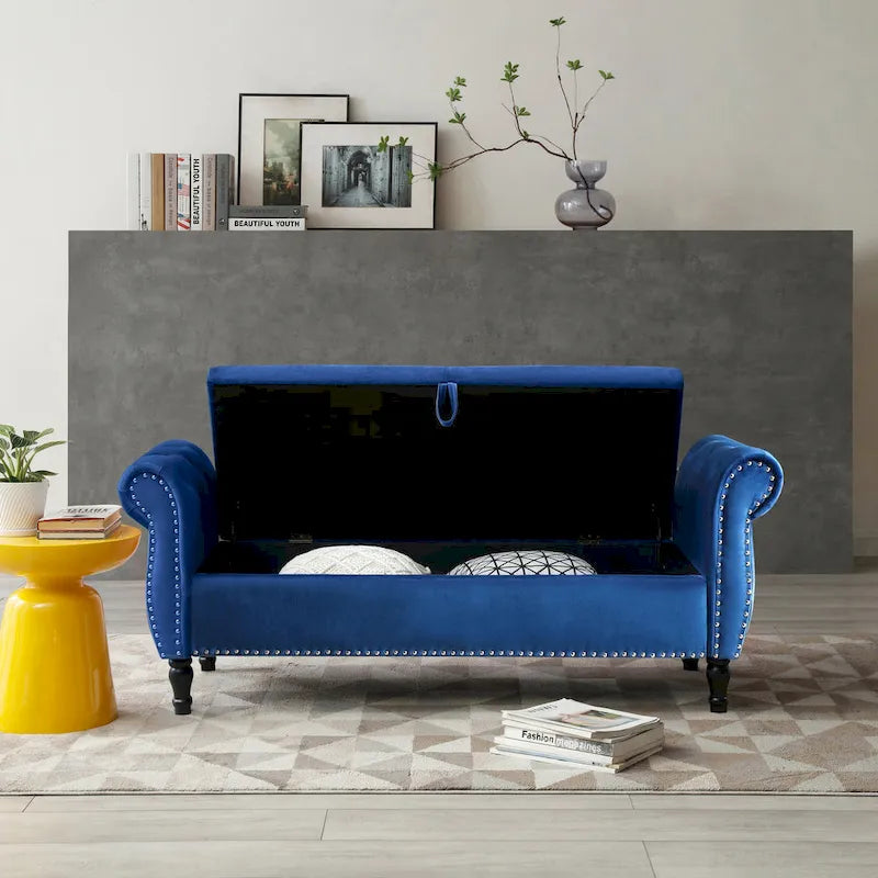 Upholstered Storage Ottoman Bench – Brown / Beige / Blue / Black / Grey / Pink, Velvet, Rolled Arms, Seats 2