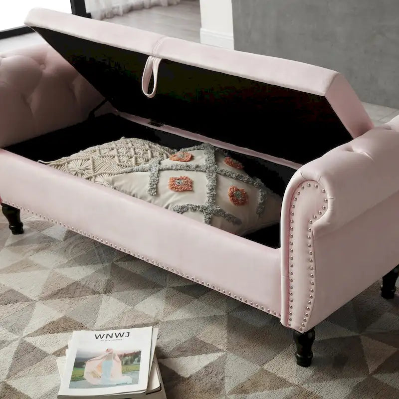 Upholstered Storage Ottoman Bench – Brown / Beige / Blue / Black / Grey / Pink, Velvet, Rolled Arms, Seats 2