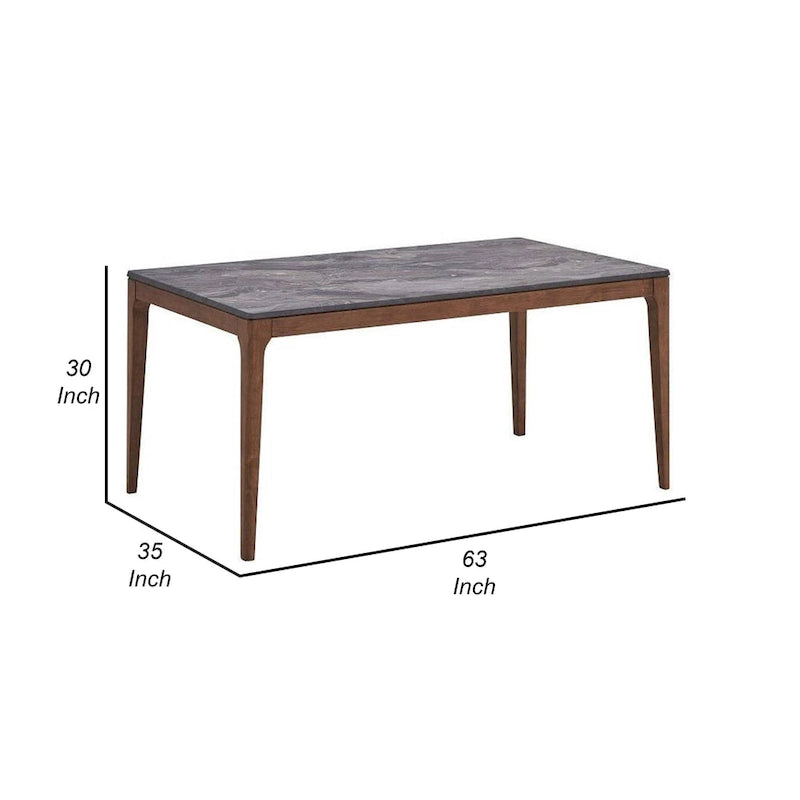 63-Inch Dining Table – Brown, Faux Stone Marble Grain Top, Walnut Base, Tapered Legs, Mid-Century Modern Style