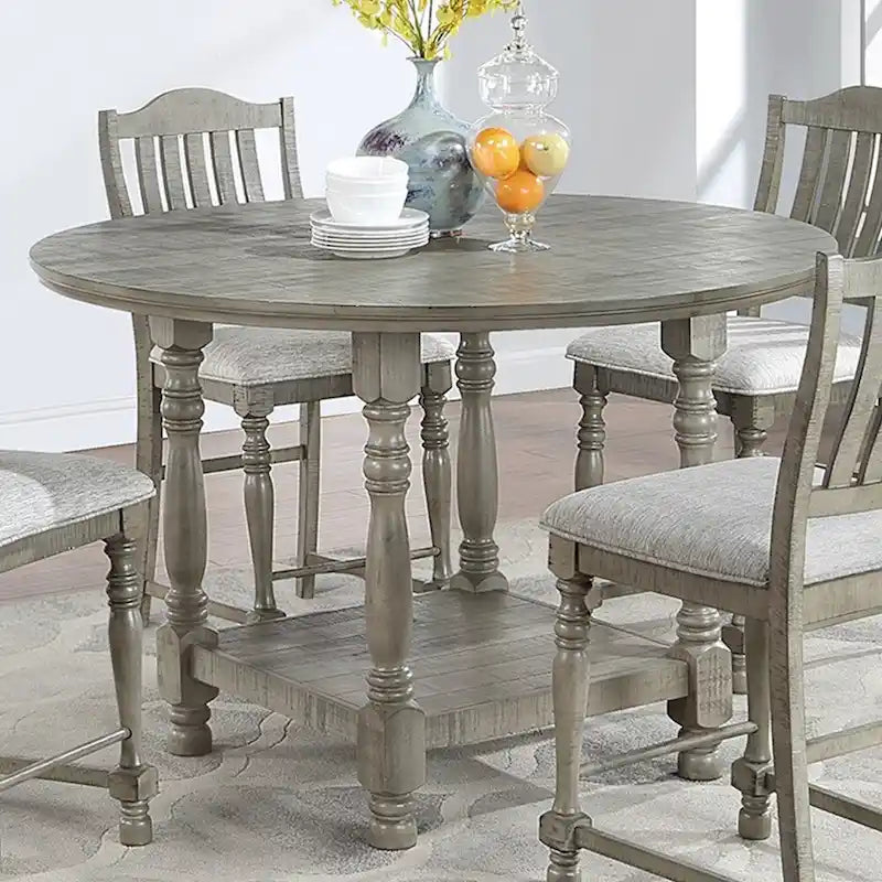 Round Counter Height Dining Table – Light Grey, Wood, Column Legs, Bottom Shelf, Seats 4