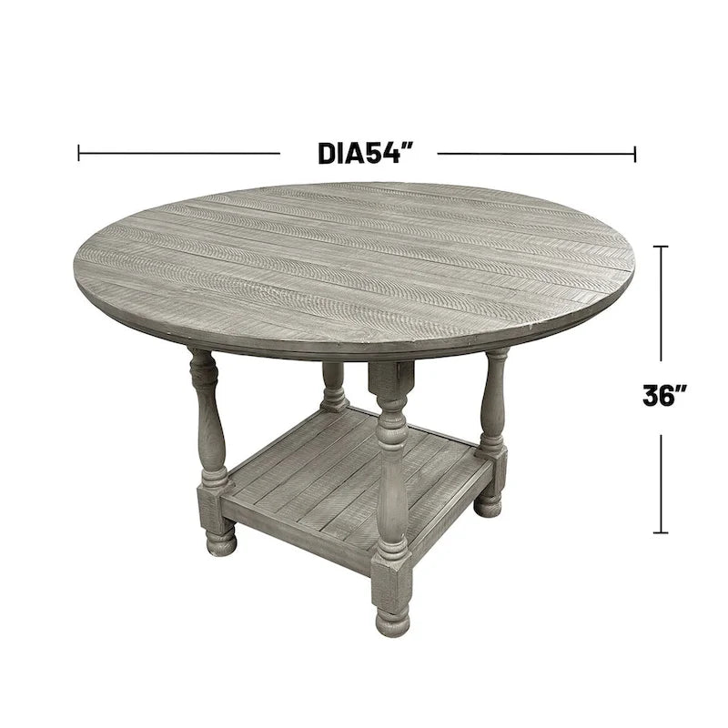 Round Counter Height Dining Table – Light Grey, Wood, Column Legs, Bottom Shelf, Seats 4