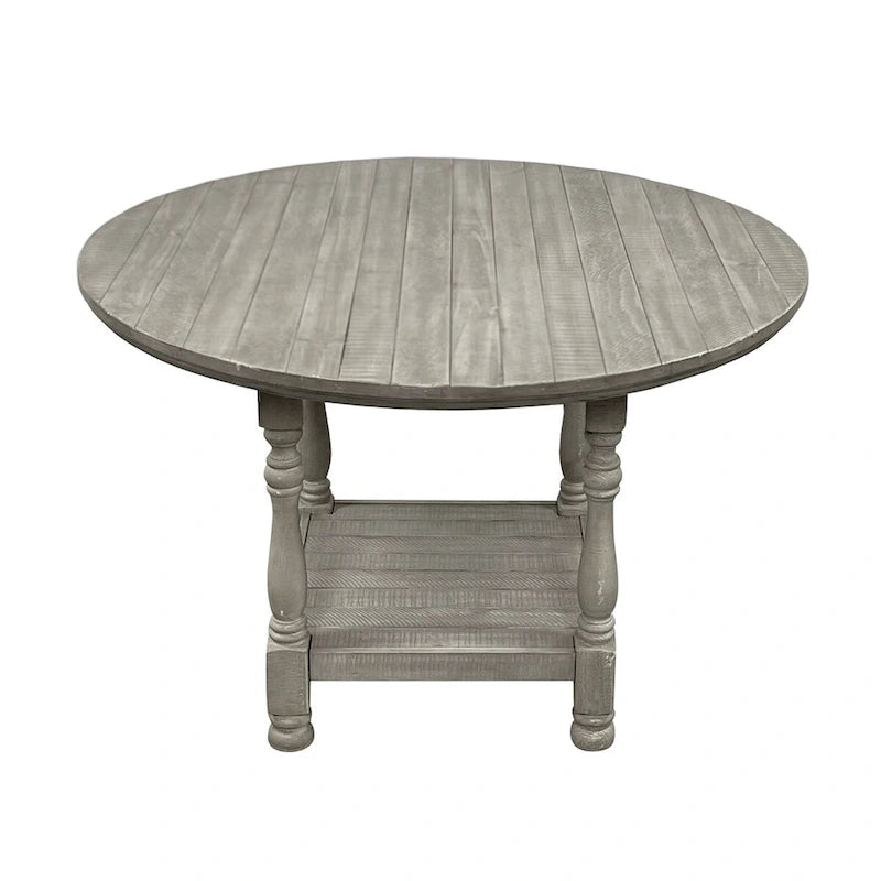 Round Counter Height Dining Table – Light Grey, Wood, Column Legs, Bottom Shelf, Seats 4