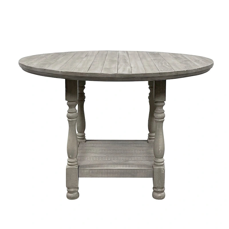 Round Counter Height Dining Table – Light Grey, Wood, Column Legs, Bottom Shelf, Seats 4