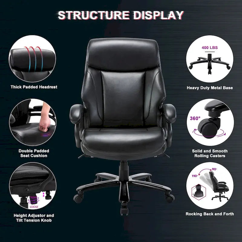 High Back Ergonomic Office Chair – Classic Brown / Classic Black / Diamond Black / Diamond Brown, S-Curve Lumbar, 400 lb Capacity, Seats 1