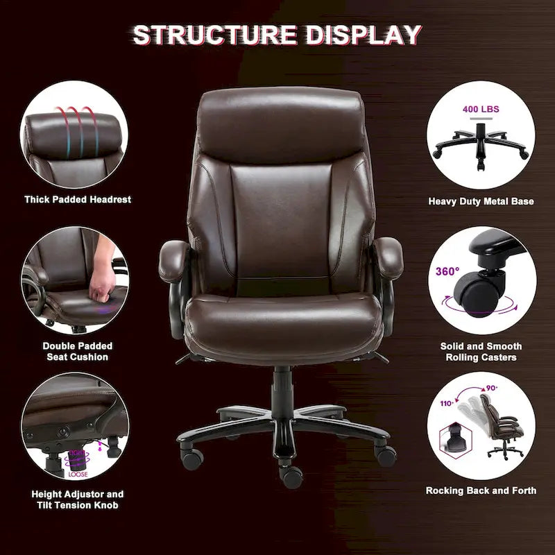 High Back Ergonomic Office Chair – Classic Brown / Classic Black / Diamond Black / Diamond Brown, S-Curve Lumbar, 400 lb Capacity, Seats 1
