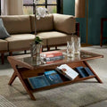 Rectangular Angular Coffee Table – Walnut, Mid-Century Style, Tempered Glass Top & Lower Shelf