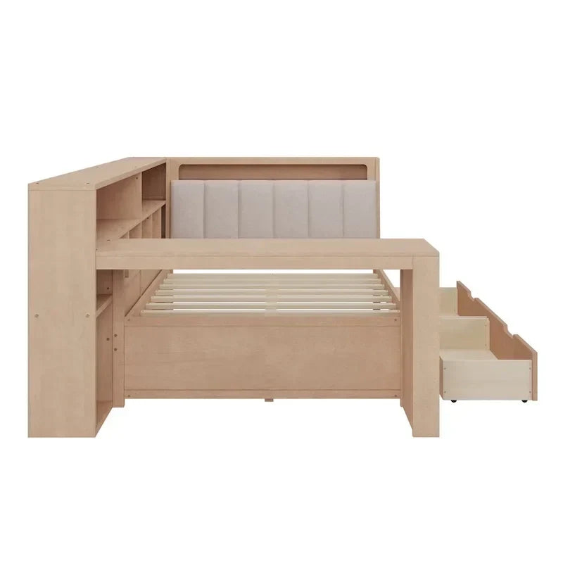 L-förmiges Holzsofa-Tagesbett mit Schreibtisch, Bücherregal, Eckbett mit Schubladen unter dem Bett, gepolstertem Kopfteil und integrierter Beleuchtung