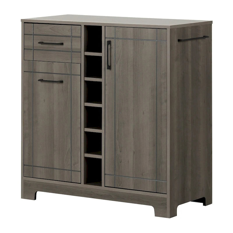 Bar Cabinet – Black Oak / Gray Maple / Weathered Oak / Natural Walnut, Bottle & Glass Storage, Vinyl Top Tray