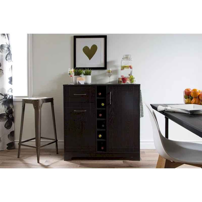 Bar Cabinet – Black Oak / Gray Maple / Weathered Oak / Natural Walnut, Bottle & Glass Storage, Vinyl Top Tray