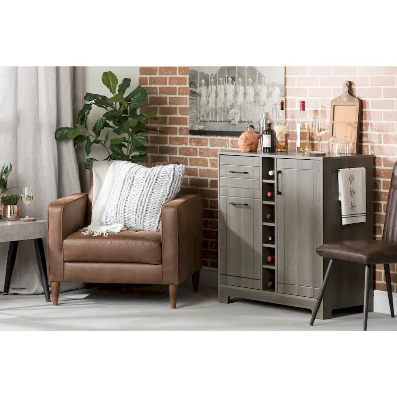 Bar Cabinet – Black Oak / Gray Maple / Weathered Oak / Natural Walnut, Bottle & Glass Storage, Vinyl Top Tray