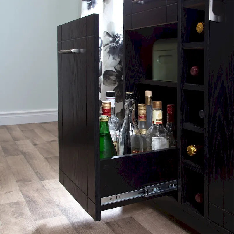 Bar Cabinet – Black Oak / Gray Maple / Weathered Oak / Natural Walnut, Bottle & Glass Storage, Vinyl Top Tray