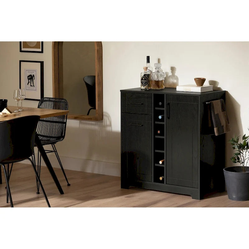 Bar Cabinet – Black Oak / Gray Maple / Weathered Oak / Natural Walnut, Bottle & Glass Storage, Vinyl Top Tray