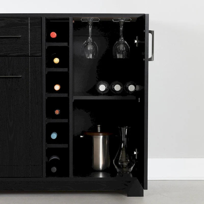 Bar Cabinet – Black Oak / Gray Maple / Weathered Oak / Natural Walnut, Bottle & Glass Storage, Vinyl Top Tray