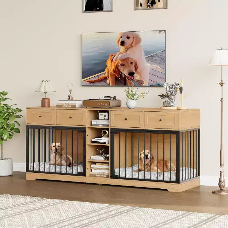 82" Doppel-Hundebox Möbel, großer Hundezwinger für 2 Hunde, robuster TV-Ständer aus Holz mit 4 Schubladen und Regalen