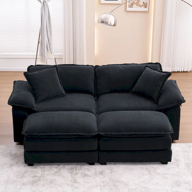 2-Sitzer-Sofa mit 2 Kissen, 2 Polstern und 2 Hockern, bequemes Sofa – Tiefes Wohnzimmersofa, Modulsofa