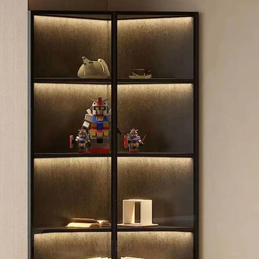 Modernes graues Eck-Standregal aus Metall und Holz mit Glastür