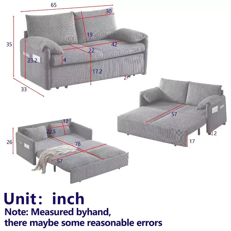64.5 3-in-1 Schlafsofa aus Kord mit Ausziehbett