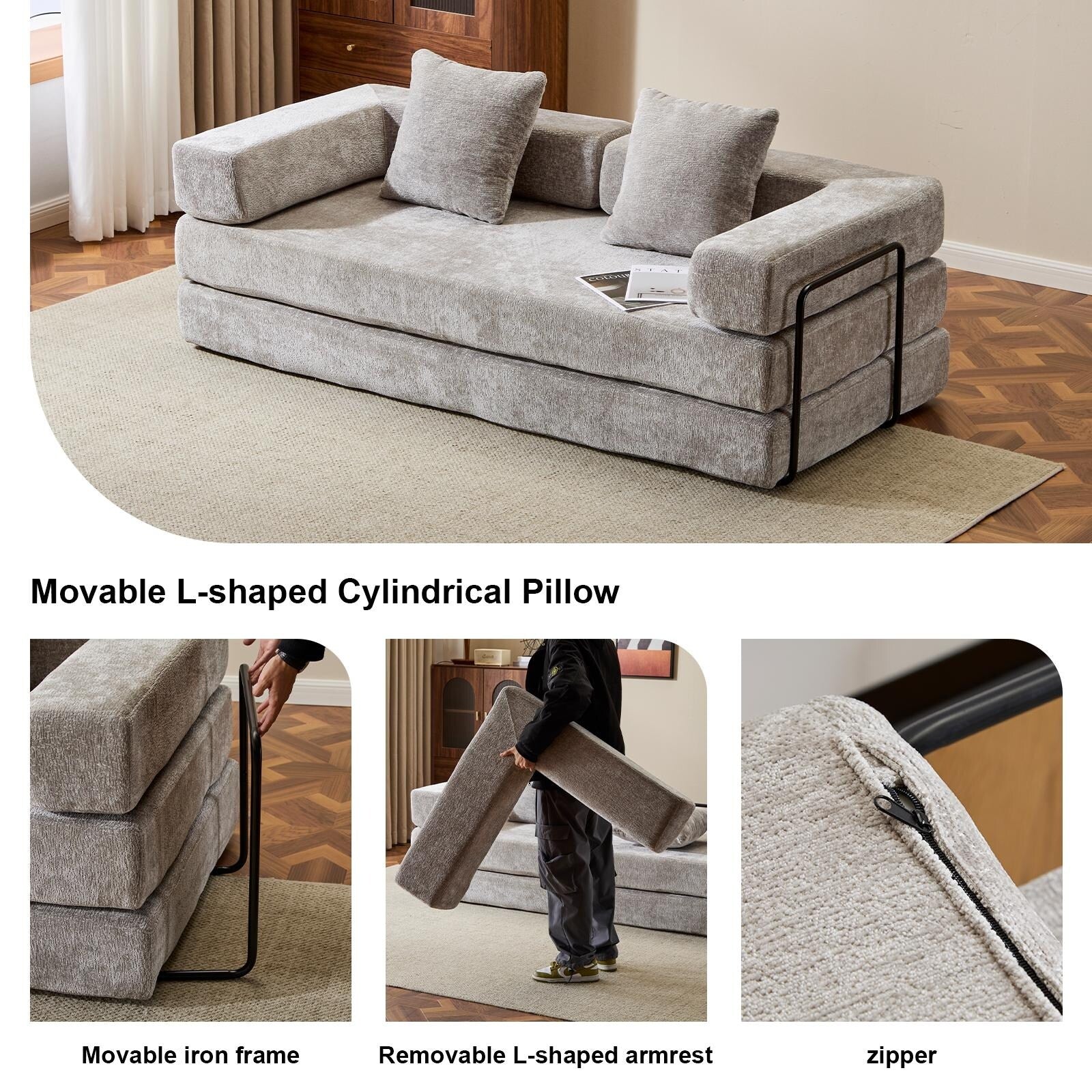 Umwandelbares Bodenschlafsofa mit Rückenkissen, Chenille-Gewebe für Wohnzimmer Schlafzimmer
