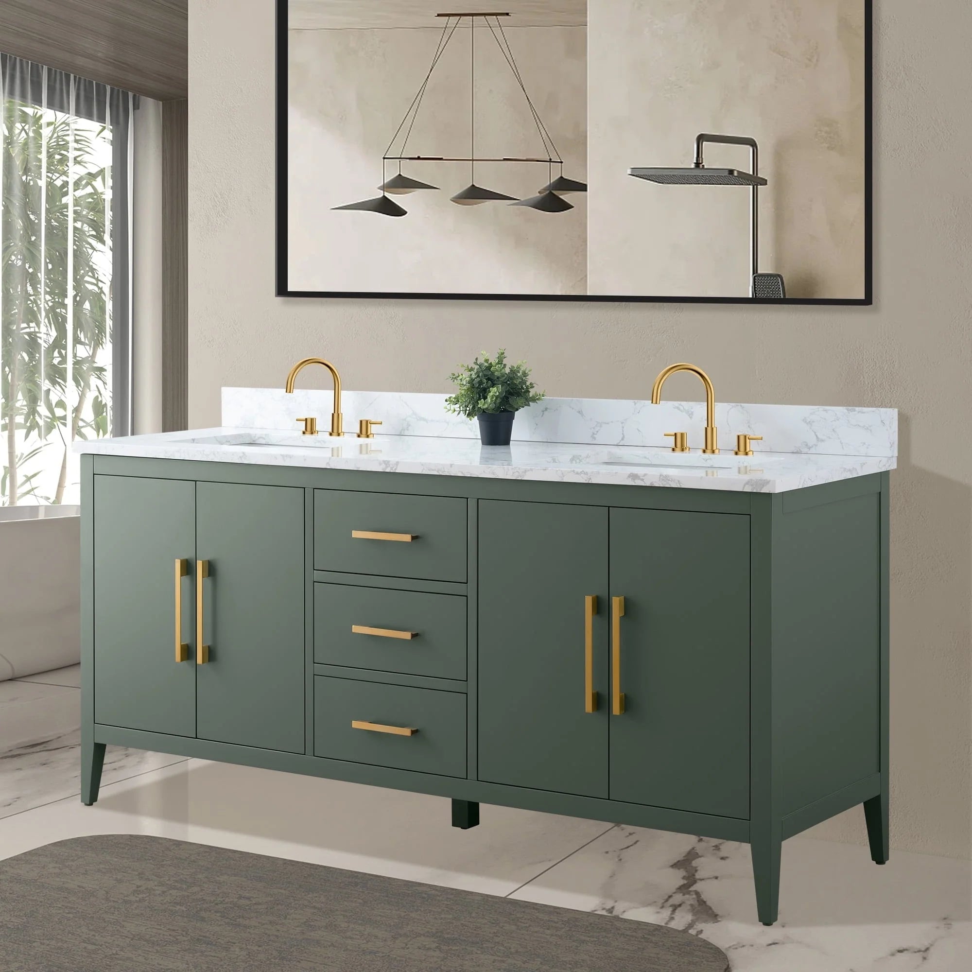 Vanity Art 72 Zoll Badezimmer-Waschtischunterschrank mit Doppelwaschbecken und Kunstmarmorplatte