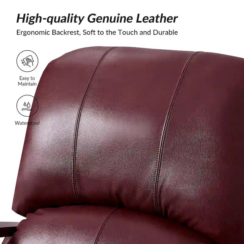 Alex Mid-Century Modern Zigarren-Sessel aus echtem Leder mit manueller Relaxfunktion und geschwungenen Holzarmlehnen